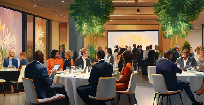 A lively networking event with professionals talking and exchanging business cards in a well-decorated venue.