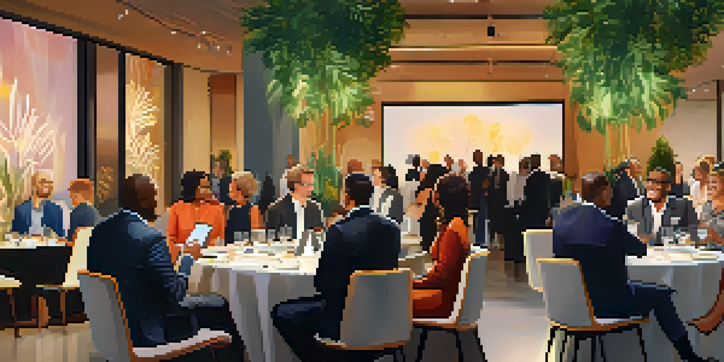 A lively networking event with professionals talking and exchanging business cards in a well-decorated venue.