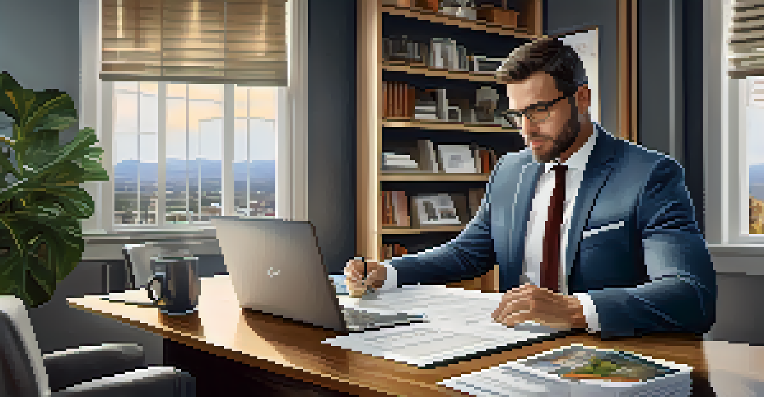 A real estate agent reviewing documents at a modern desk with property listings and a laptop.
