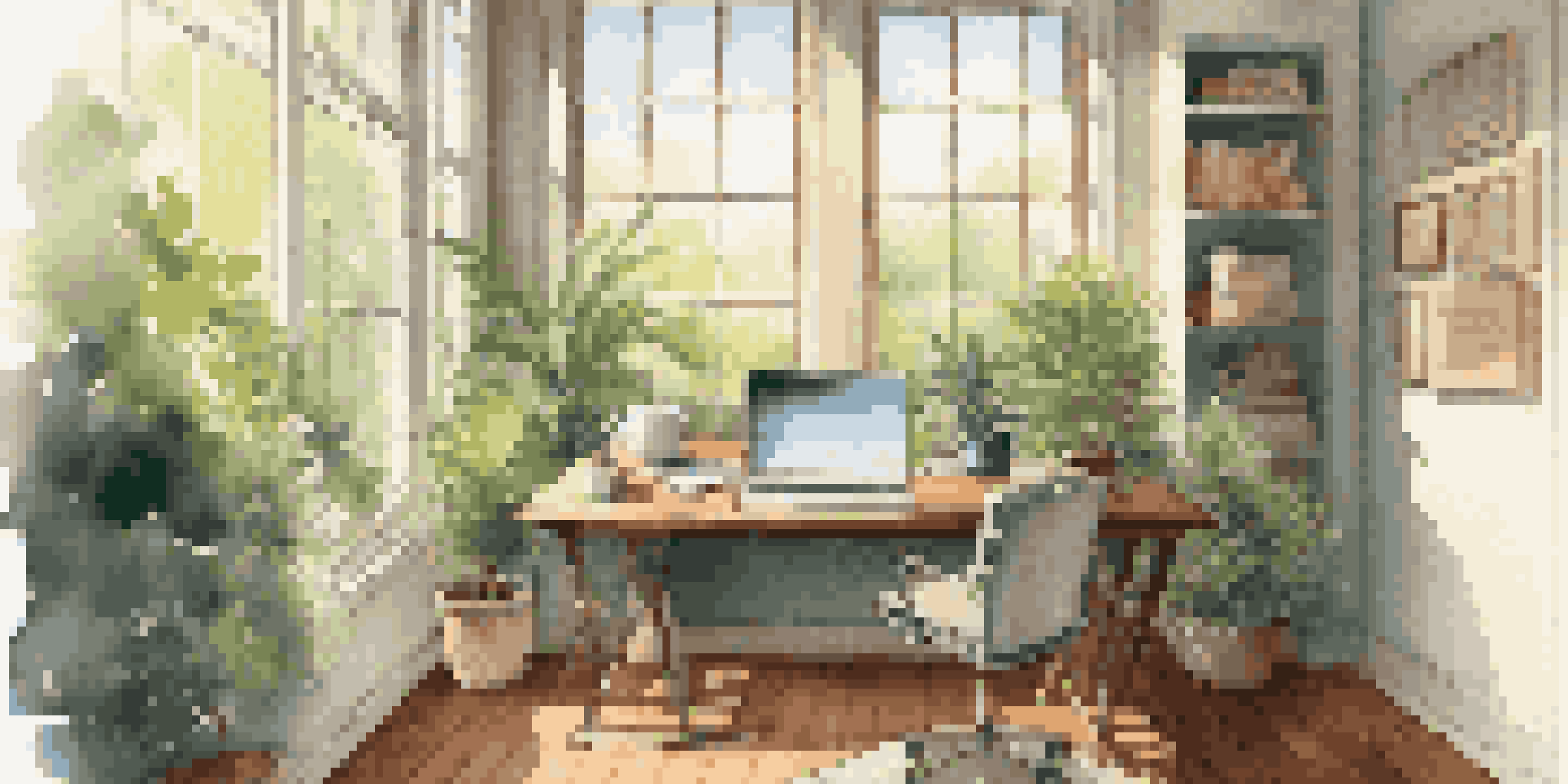 An office space with a view of a garden, featuring a desk with a laptop and coffee, illuminated by soft sunlight.