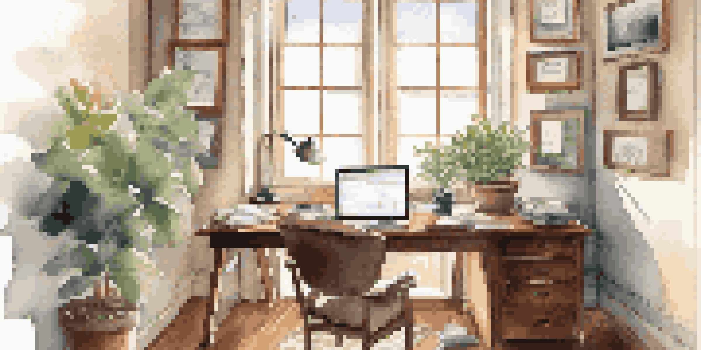 A cozy home office with a wooden desk, financial books, a laptop, and a potted plant, illuminated by natural light.