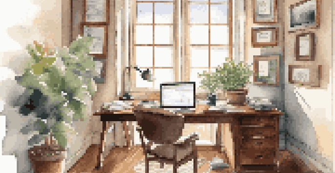 A cozy home office with a wooden desk, financial books, a laptop, and a potted plant, illuminated by natural light.