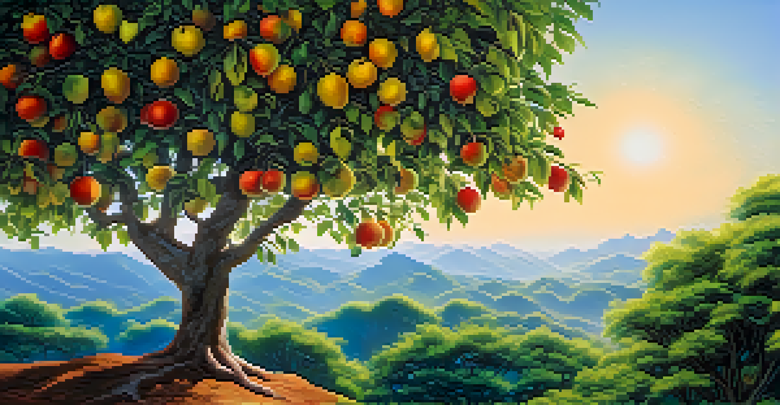 A young fruit-bearing tree in a green landscape, symbolizing growth and potential in emerging markets.