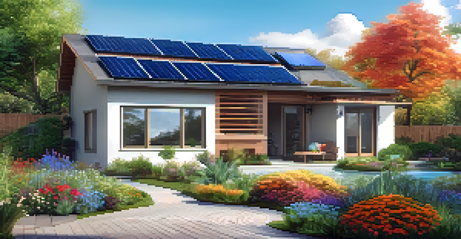 A modern home with solar roof tiles and a colorful garden under a sunny sky.