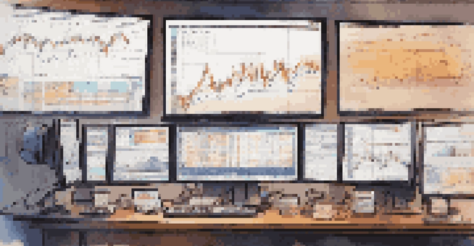 A detailed view of a trading desk with screens showing financial charts and a coffee cup, emphasizing the analytical environment.