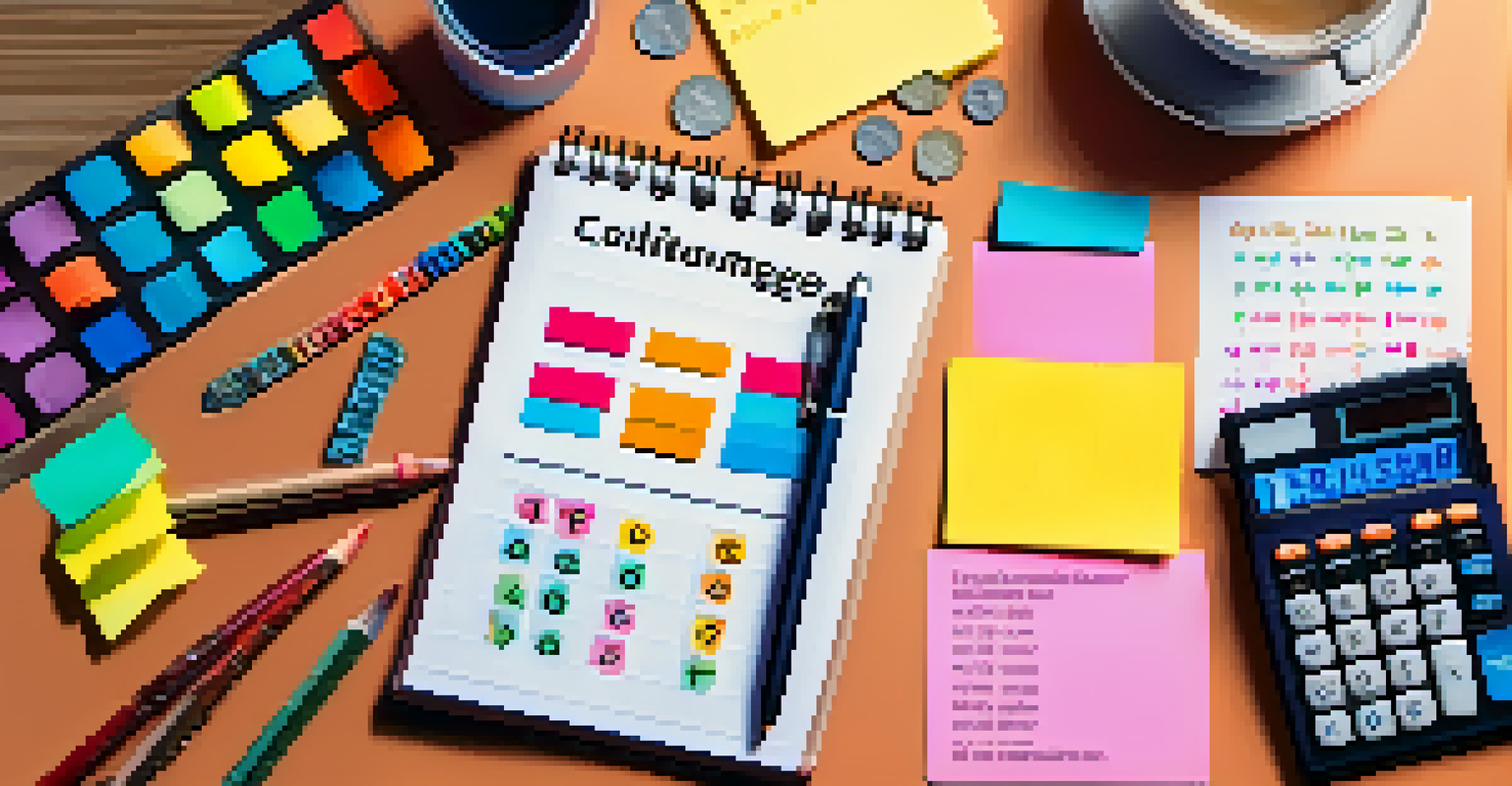A close-up of a person budgeting with a calculator and notepad, surrounded by colorful sticky notes, coins, and a pen, under soft ambient lighting.