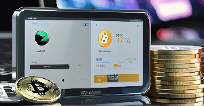 A close-up view of a cryptocurrency hardware wallet with various coins around it, and a digital trading screen in the background.
