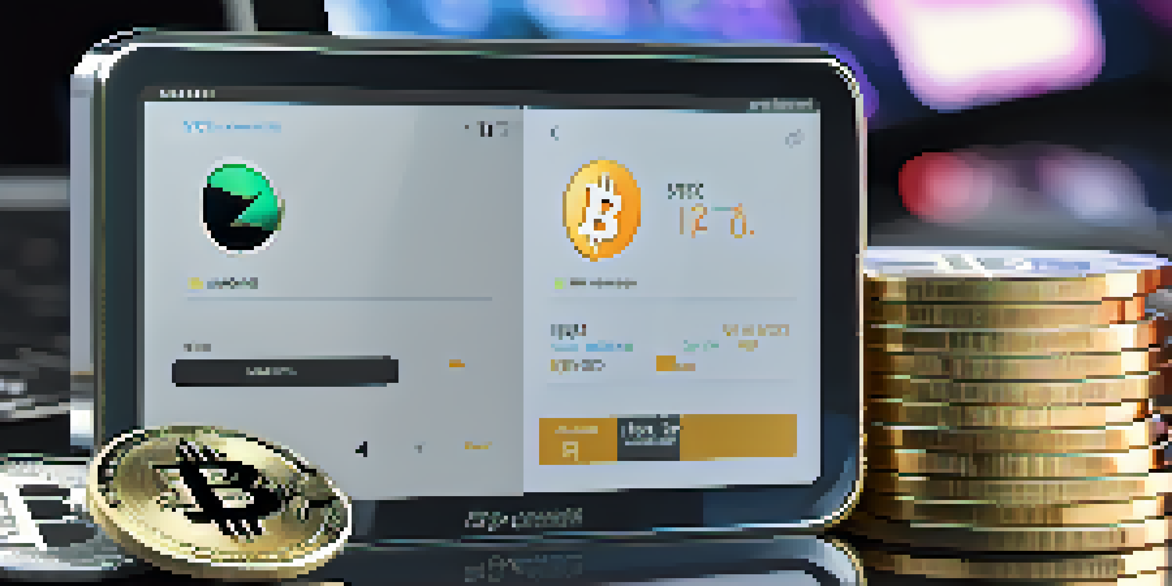 A close-up view of a cryptocurrency hardware wallet with various coins around it, and a digital trading screen in the background.