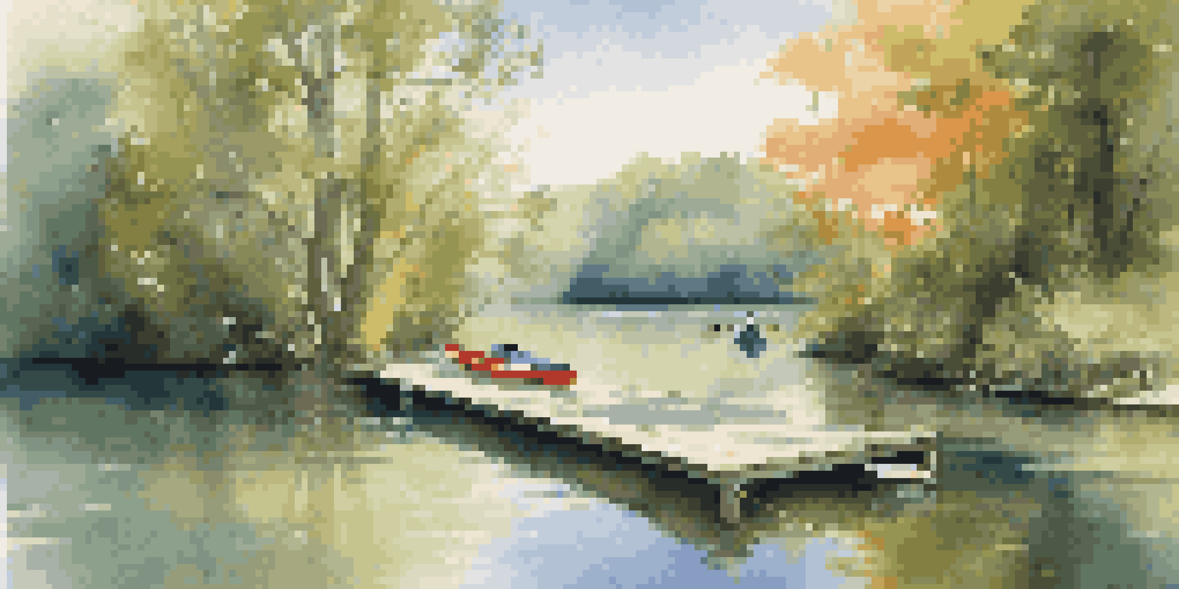 A peaceful lake scene with a wooden dock, kayaks, and green trees under a blue sky.