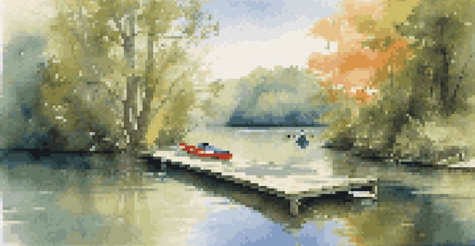 A peaceful lake scene with a wooden dock, kayaks, and green trees under a blue sky.