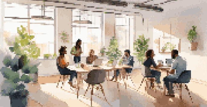 A bright co-working space with startup founders participating in a mentorship session, surrounded by modern furniture and plants.