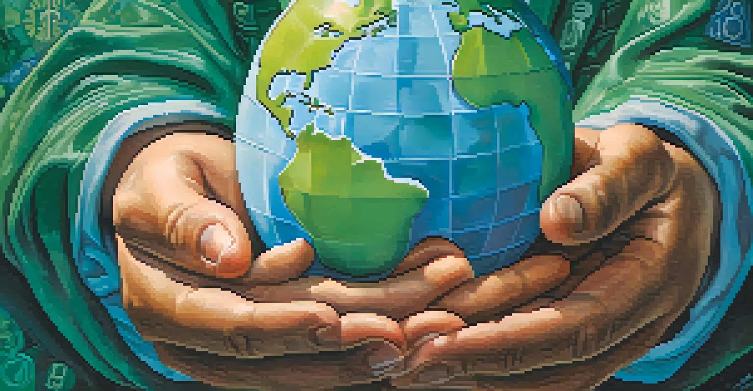 Close-up of hands holding a globe with icons for various charitable causes, symbolizing international philanthropy.