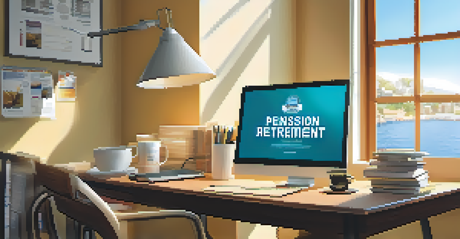 A motivating workspace with a poster about pension plans, financial books, a laptop, and a cup of coffee, illuminated by a bright desk lamp.