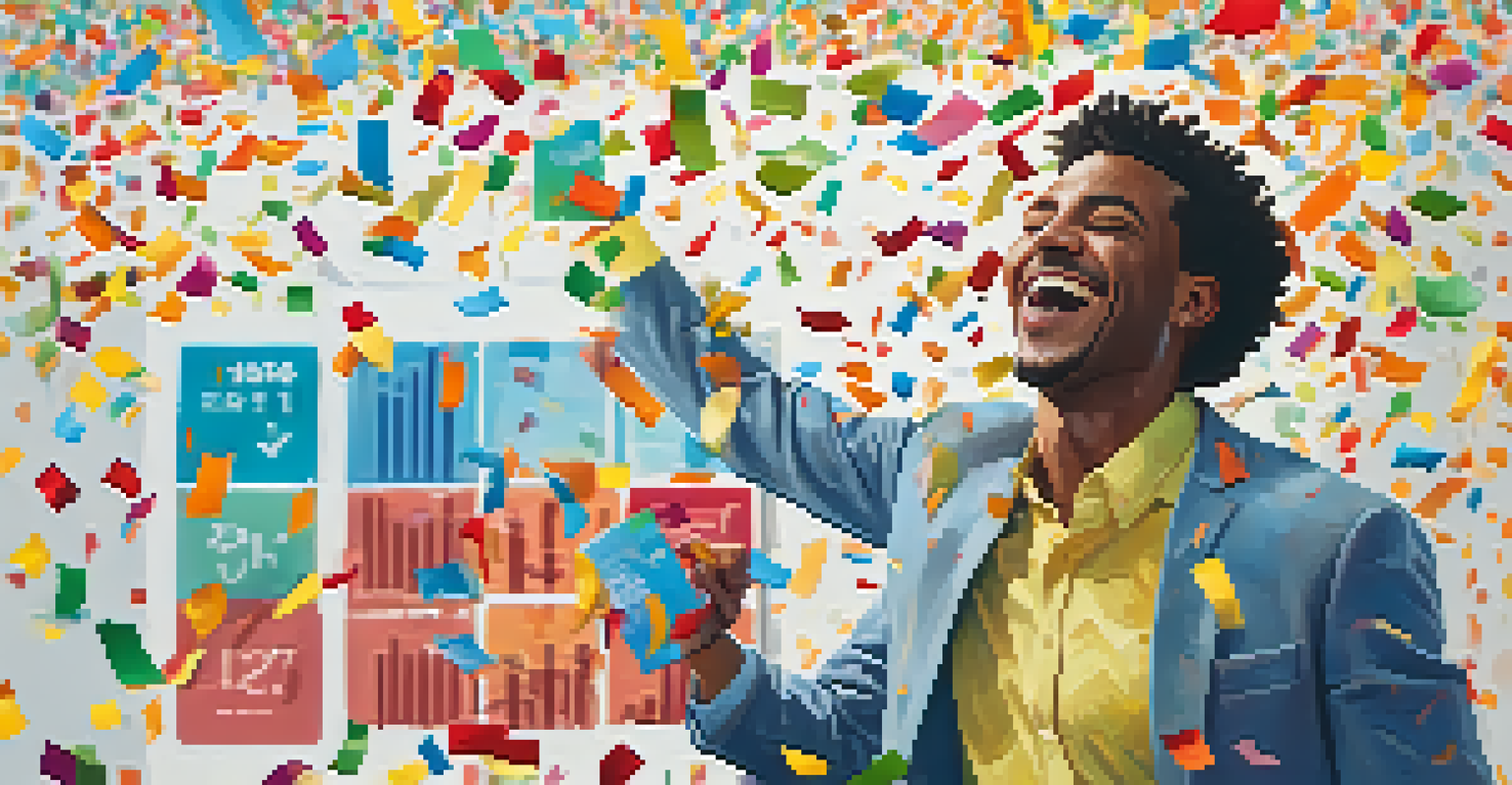 A person joyfully celebrating financial success with confetti and a savings jar in front of a marked calendar.