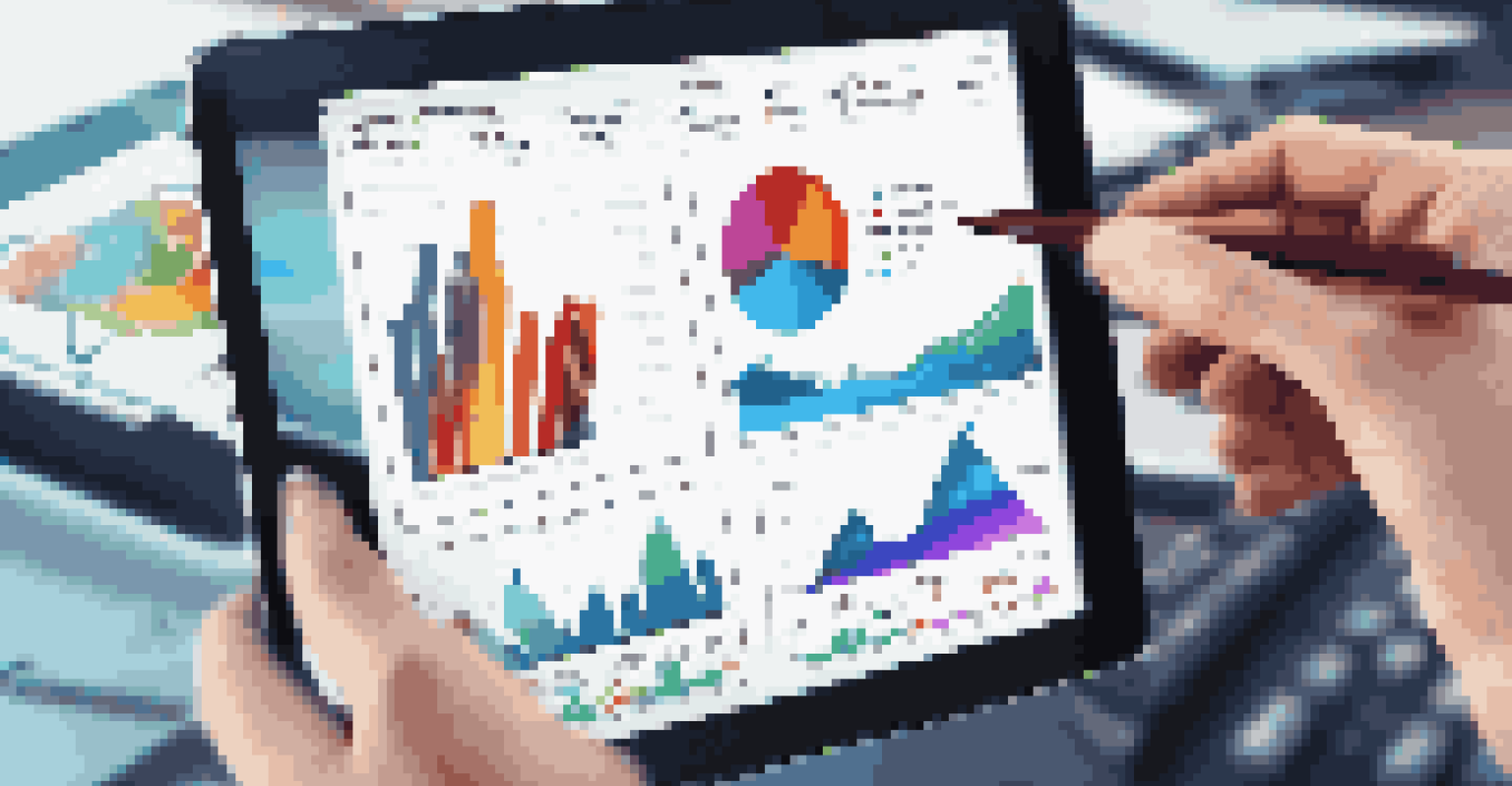 A close-up of a hand holding a digital tablet showing colorful graphs and metrics, with a modern workspace in the background.