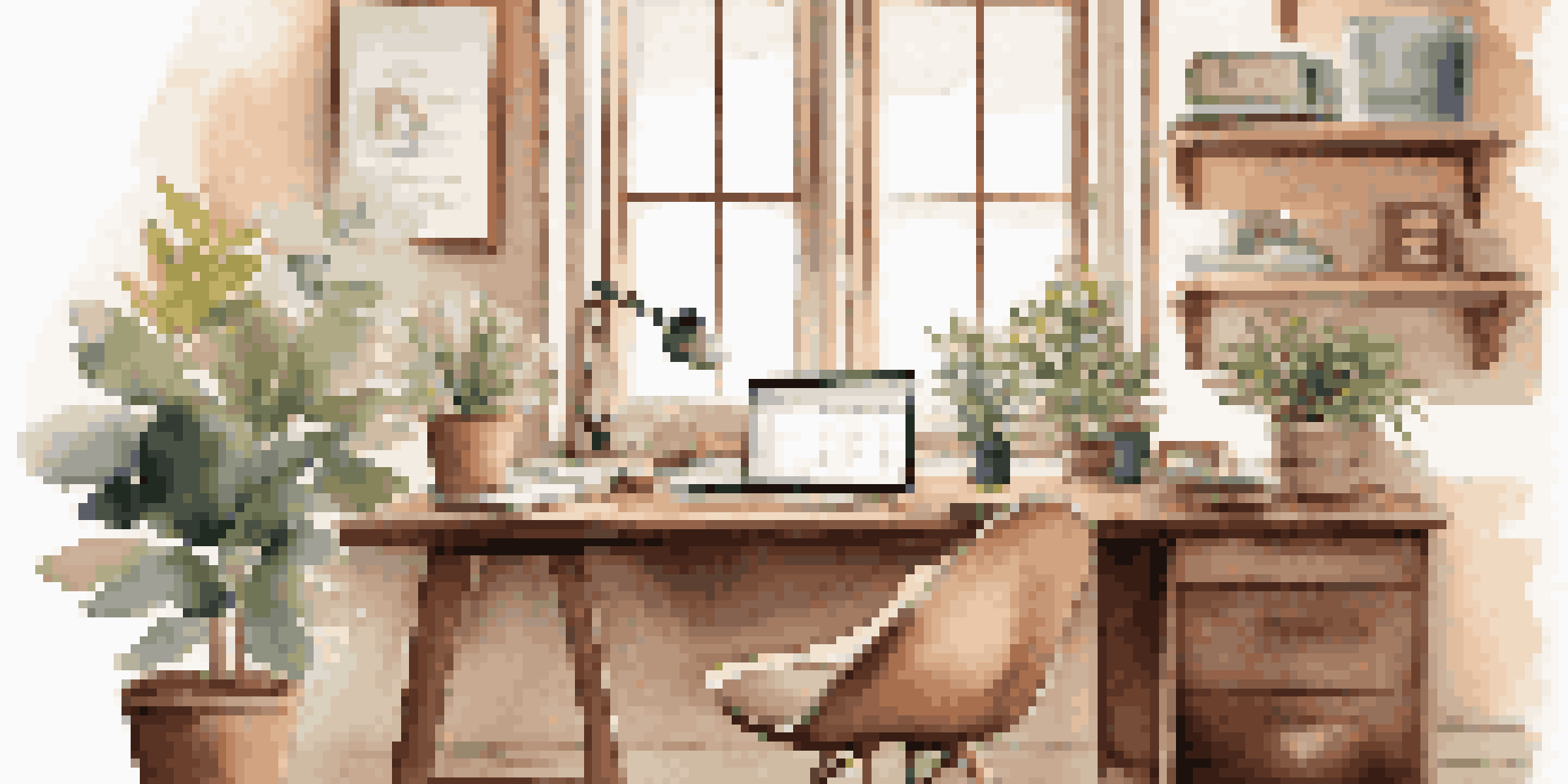 A warm and inviting home office with a wooden desk, an open laptop displaying a financial spreadsheet, a cup of coffee, and a potted plant, illuminated by natural light from a window.