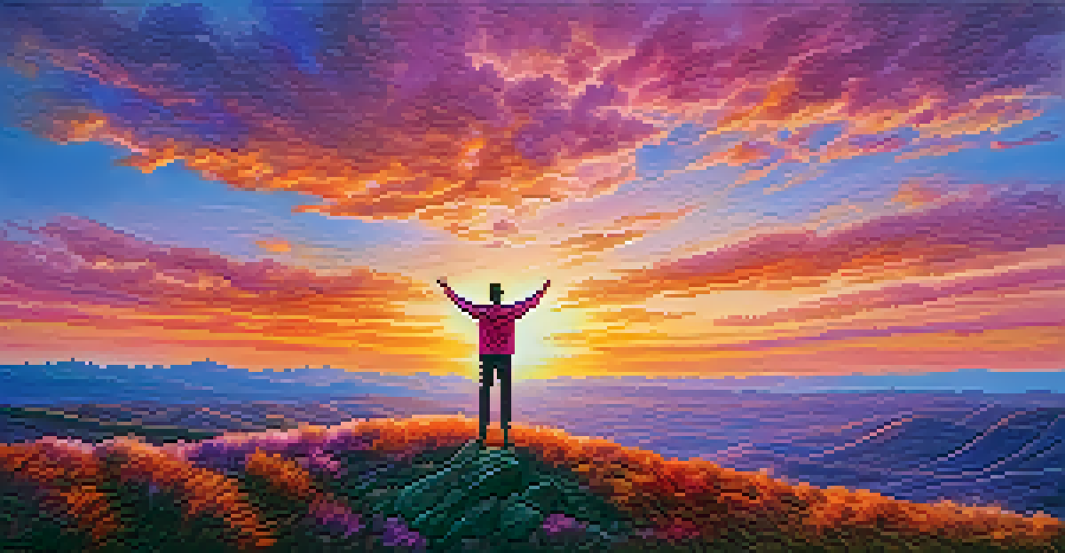 A person standing on a hilltop at sunset, celebrating achievements with arms raised against a vibrant sky.
