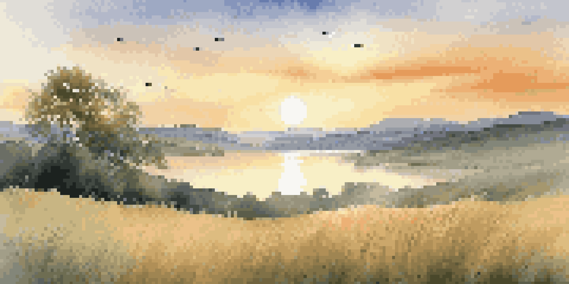 A tranquil landscape with a golden sunrise, rolling hills, a reflective lake, and a lone tree on a hilltop.
