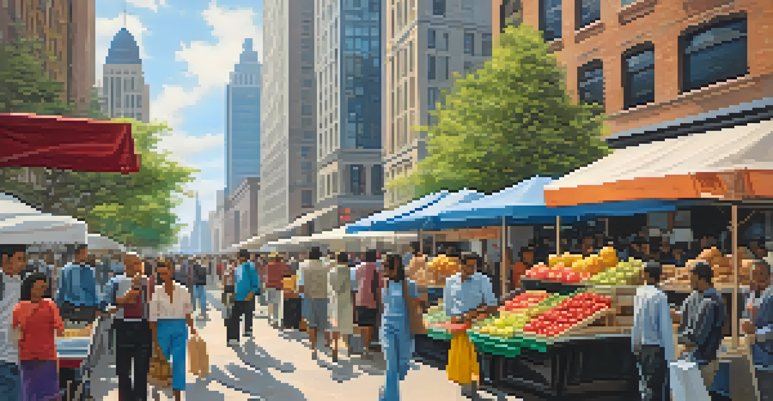 A busy urban sidewalk with people commuting in the morning, skyscrapers in the background.