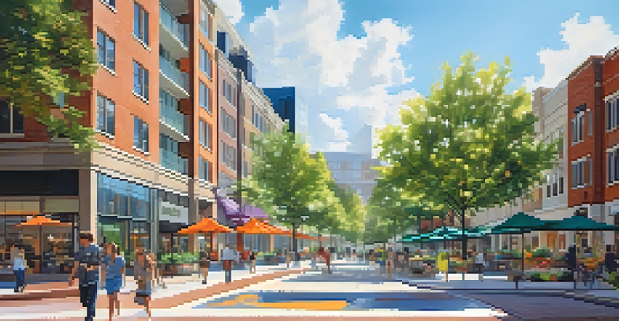 A lively urban scene with modern buildings, shops, and green spaces filled with people enjoying the environment.