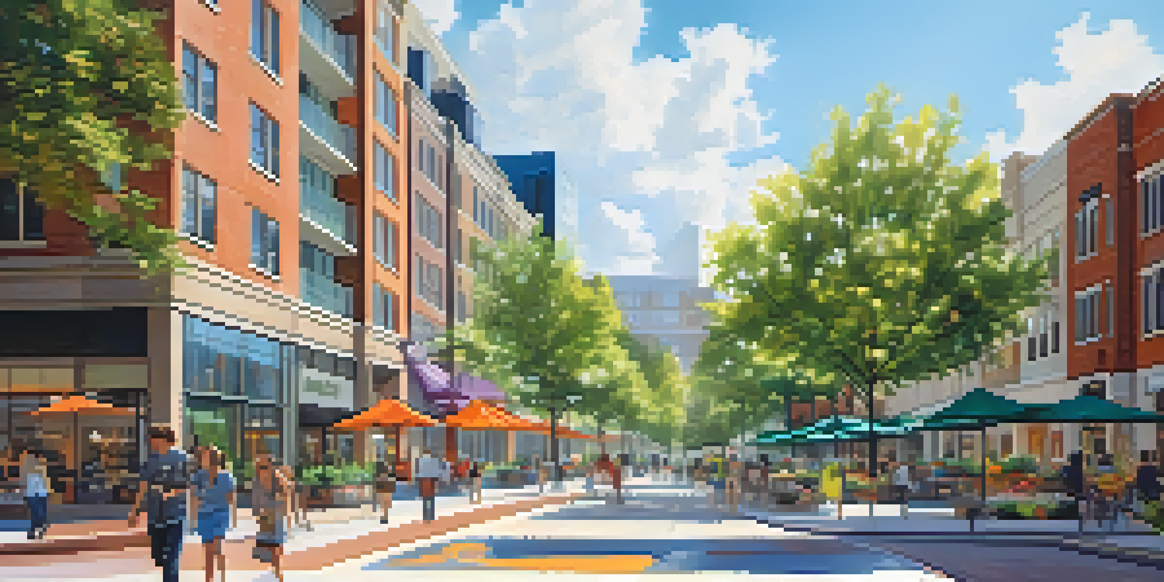 A lively urban scene with modern buildings, shops, and green spaces filled with people enjoying the environment.