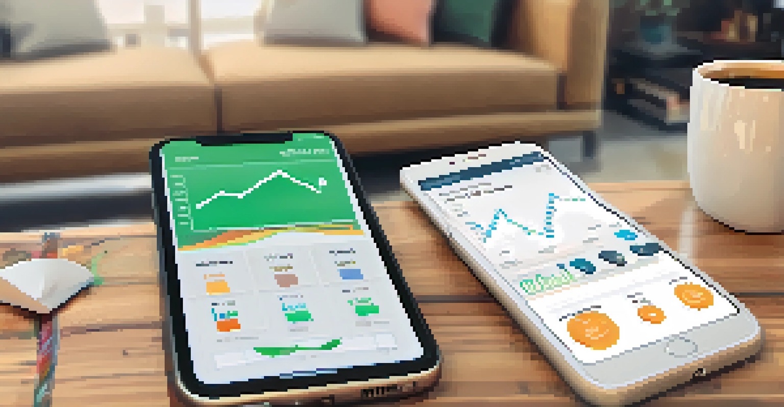 A hand holding a smartphone displaying a financial app in a cozy living room setting.