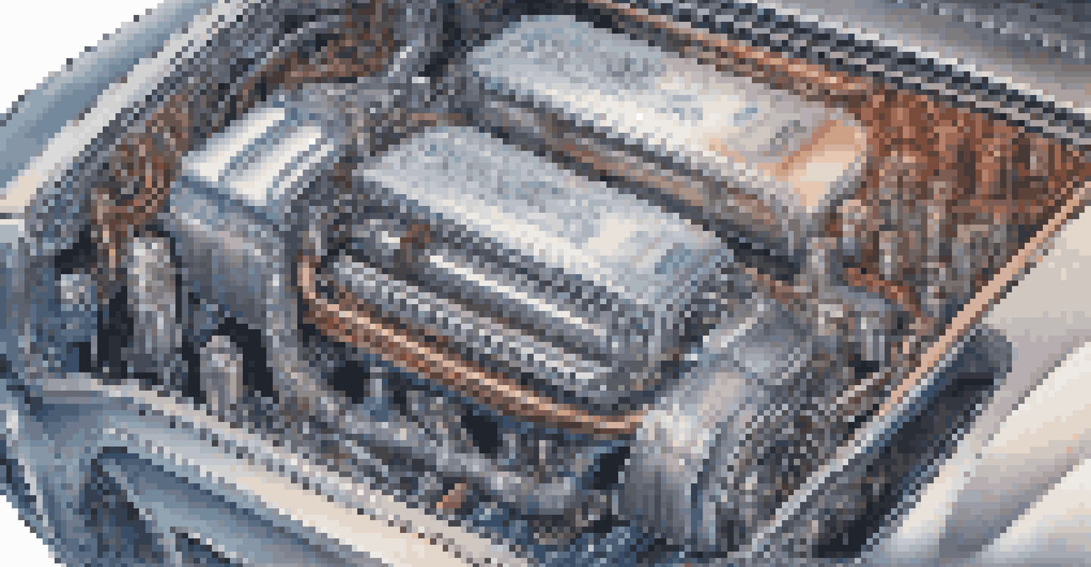 A detailed close-up view of an electric vehicle battery with intricate circuitry, illuminated to highlight its technological features.