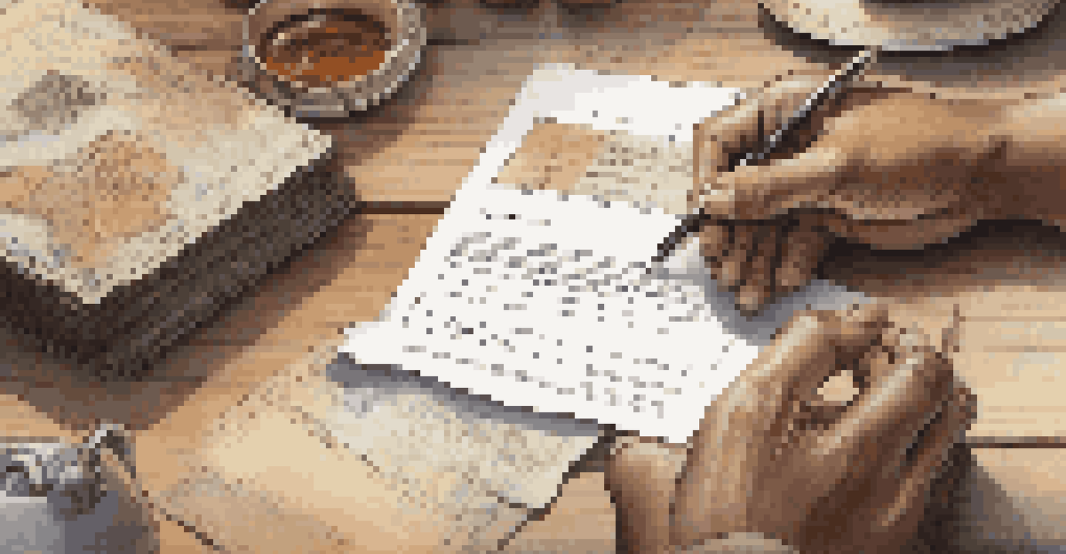 A close-up of hands filling out a bank application form, with cultural symbols in the background, emphasizing the theme of navigating banking.