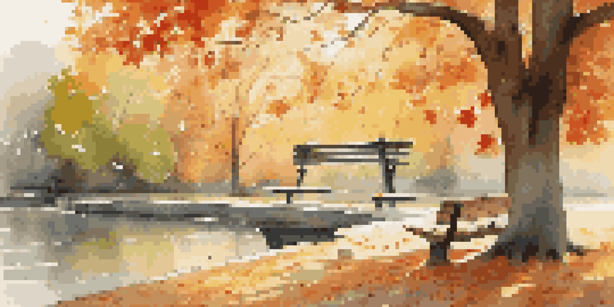 A tranquil park during autumn, featuring colorful leaves, a wooden bench under an oak tree, and a pond with ducks.