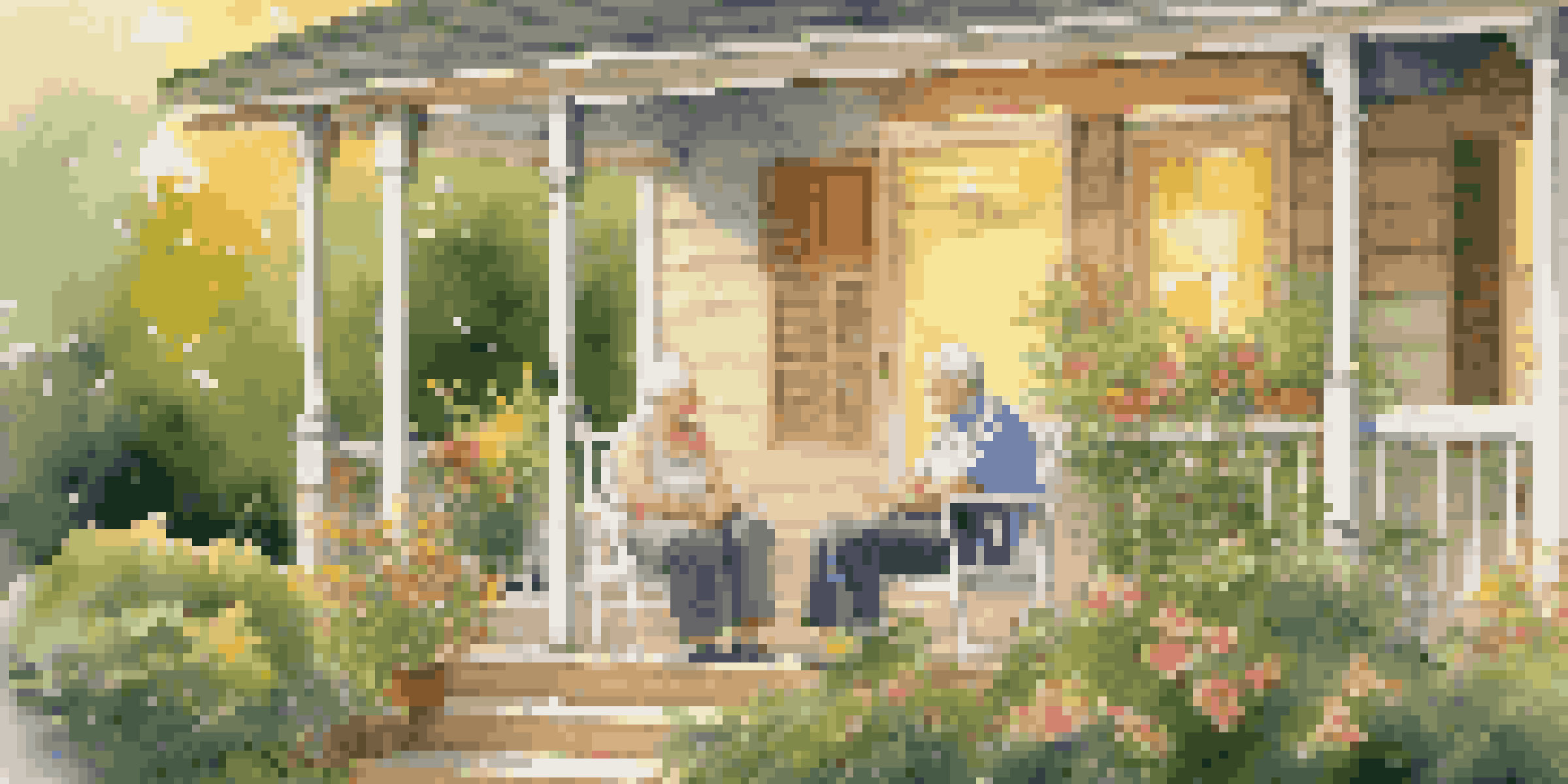An elderly couple sitting on a porch, holding hands and looking at a garden during sunset, symbolizing peace and financial stability in retirement.