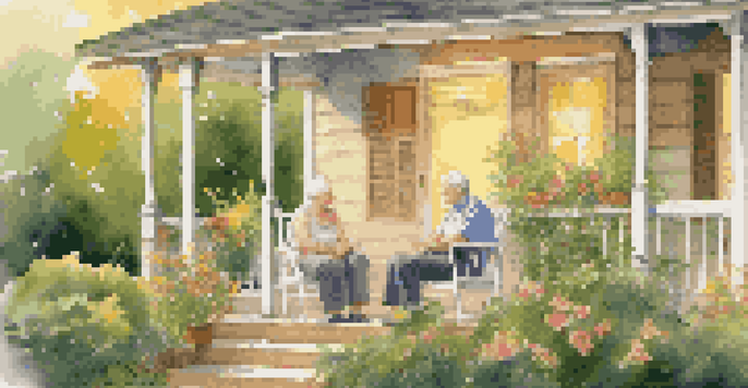 An elderly couple sitting on a porch, holding hands and looking at a garden during sunset, symbolizing peace and financial stability in retirement.