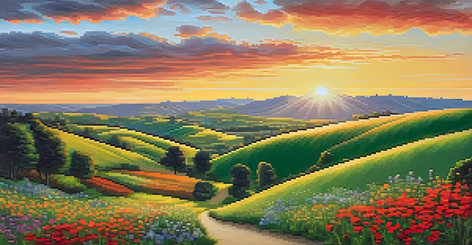 A peaceful landscape showing a stock market graph at sunset, with hills and wildflowers in the foreground.
