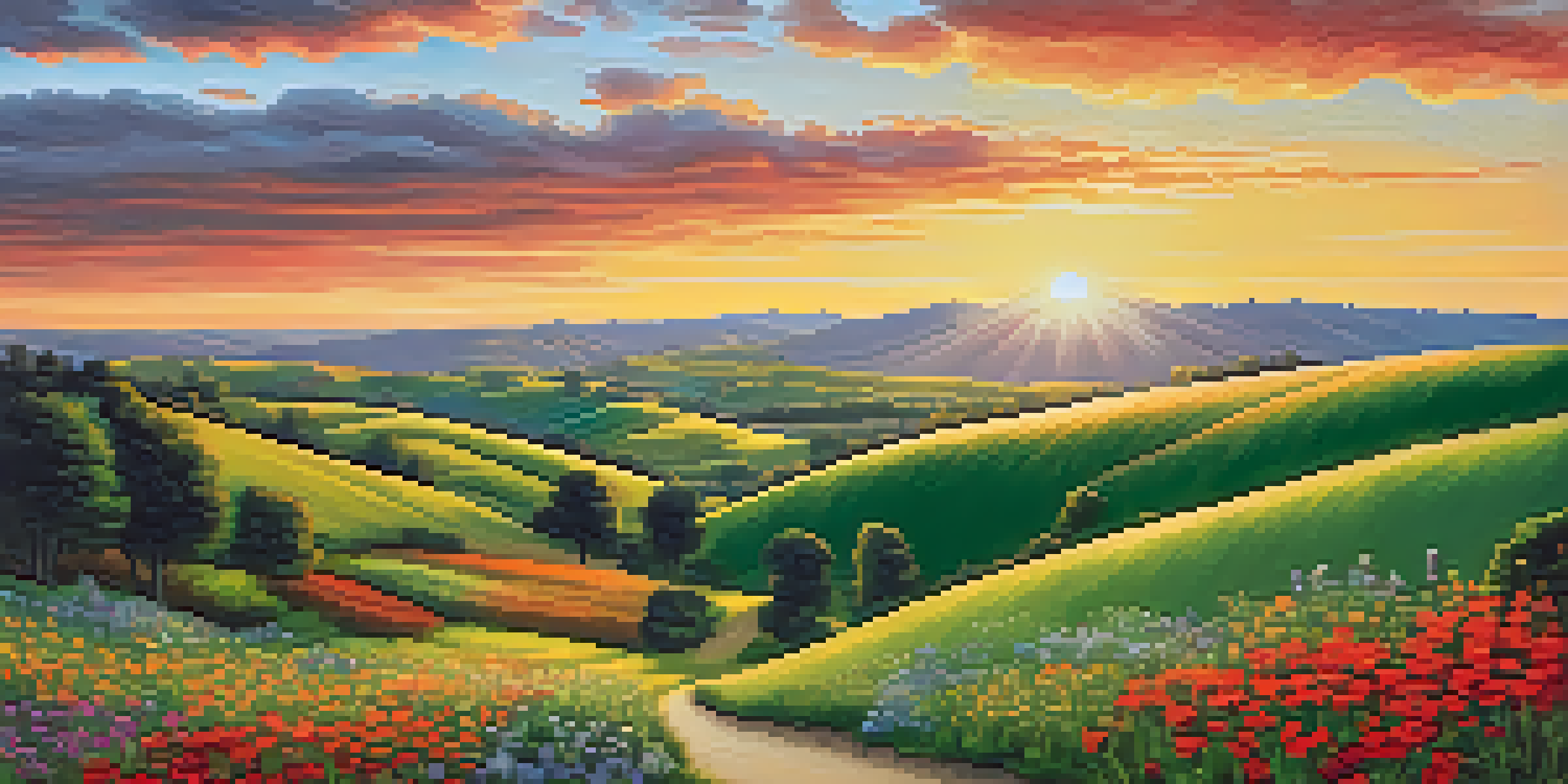 A peaceful landscape showing a stock market graph at sunset, with hills and wildflowers in the foreground.