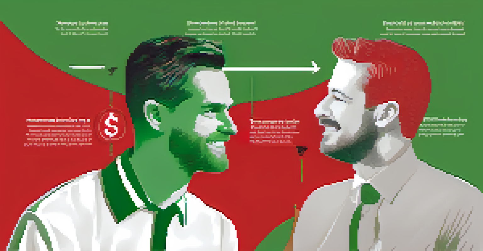 An infographic comparing emotional responses to gains and losses in financial decisions, with contrasting colors and scenarios.