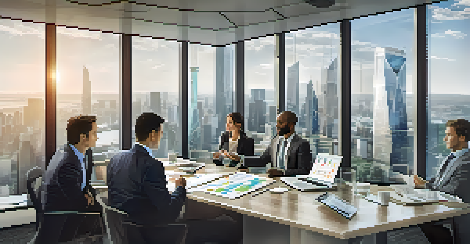 A diverse group of professionals in a modern office discussing risk management strategies with charts on a screen.