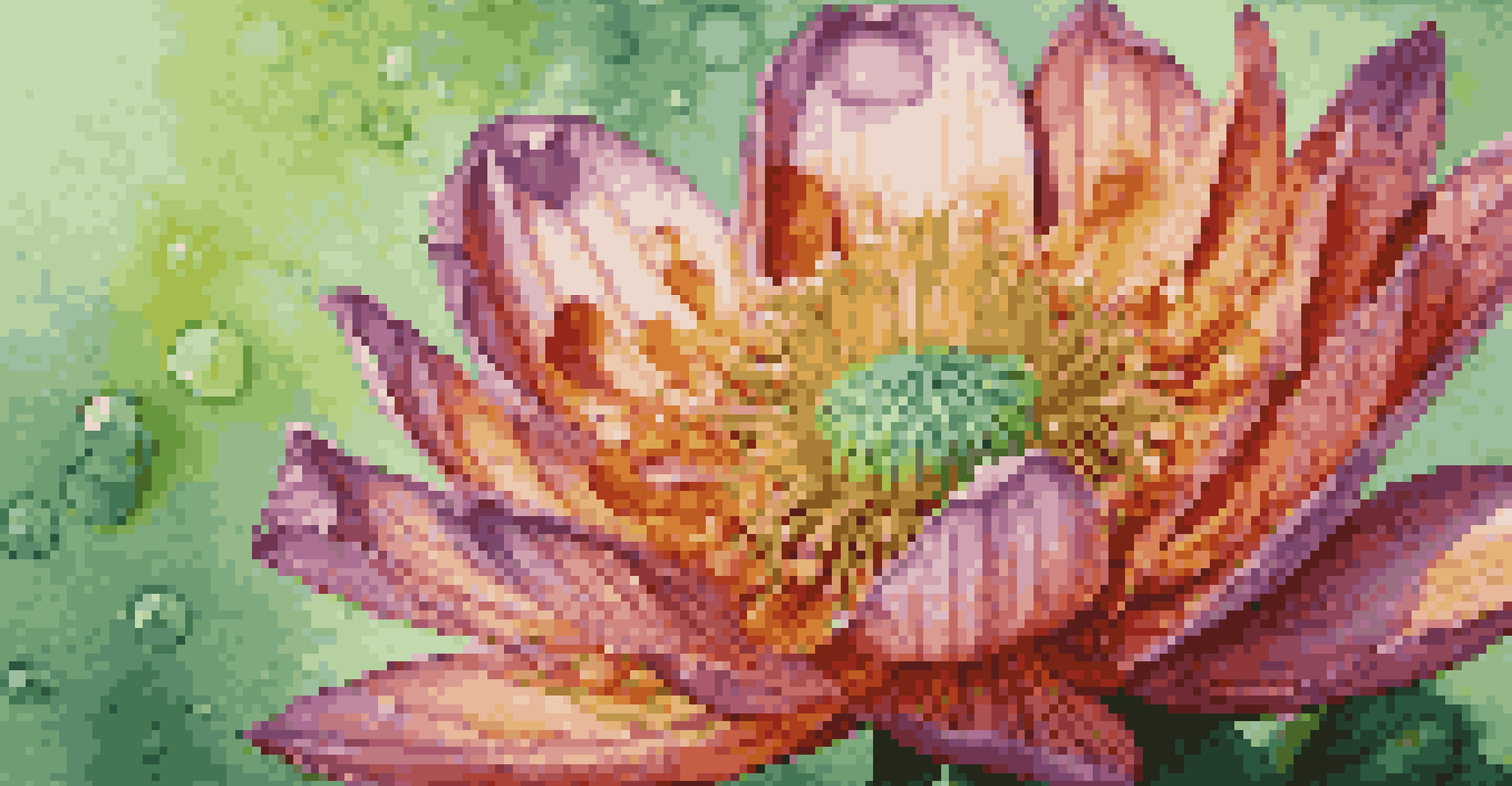 A detailed close-up of a colorful blooming flower with dew drops on its petals.