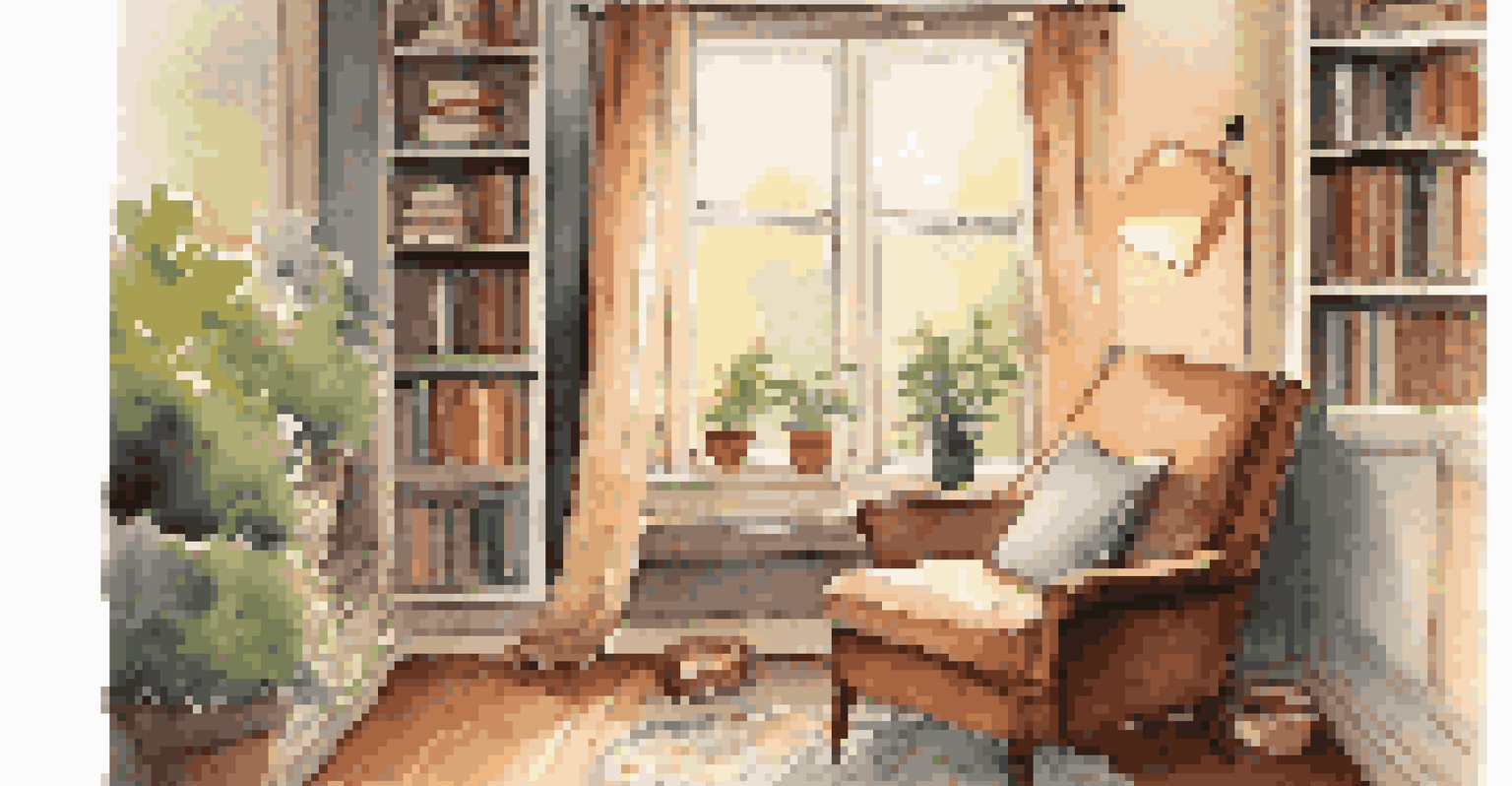 A cozy reading nook with an armchair, blanket, and bookshelf, illuminated by a warm floor lamp.