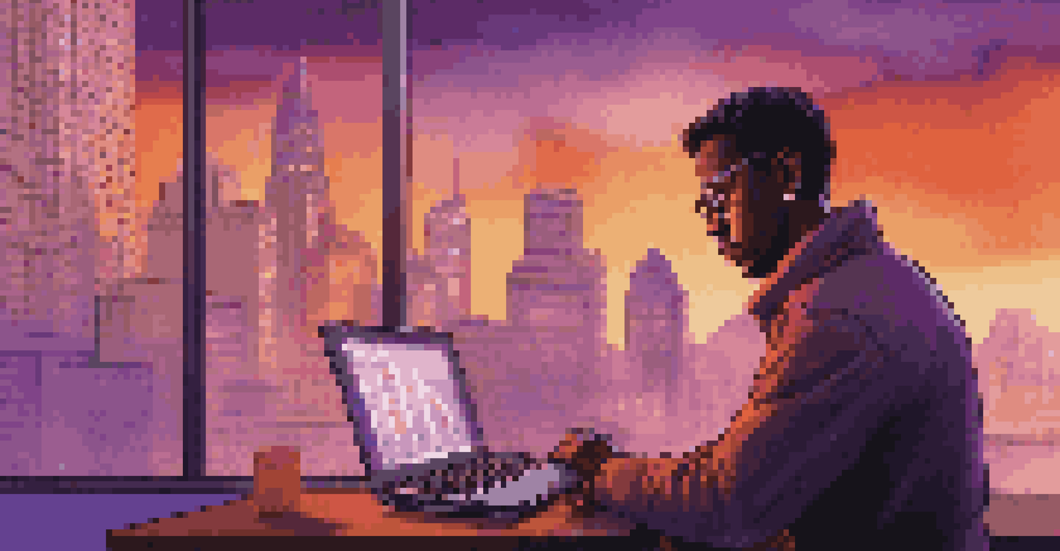 A trader analyzing stock data on a laptop with a city skyline in the background during sunset.