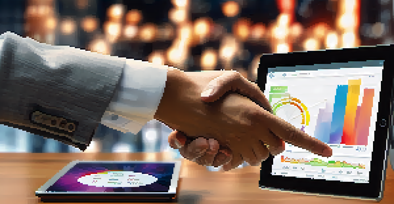 A close-up of two hands shaking over a tablet displaying financial graphs, representing collaboration in FinTech.