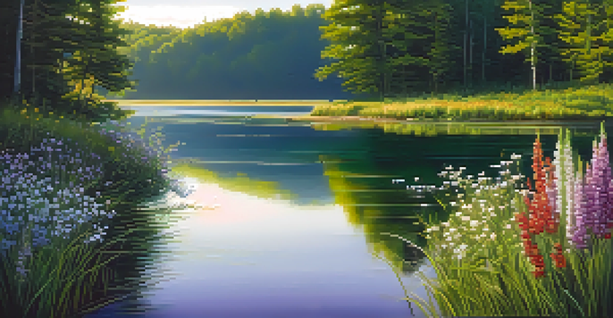 A peaceful lake surrounded by green forests and colorful wildflowers under a sunny sky.