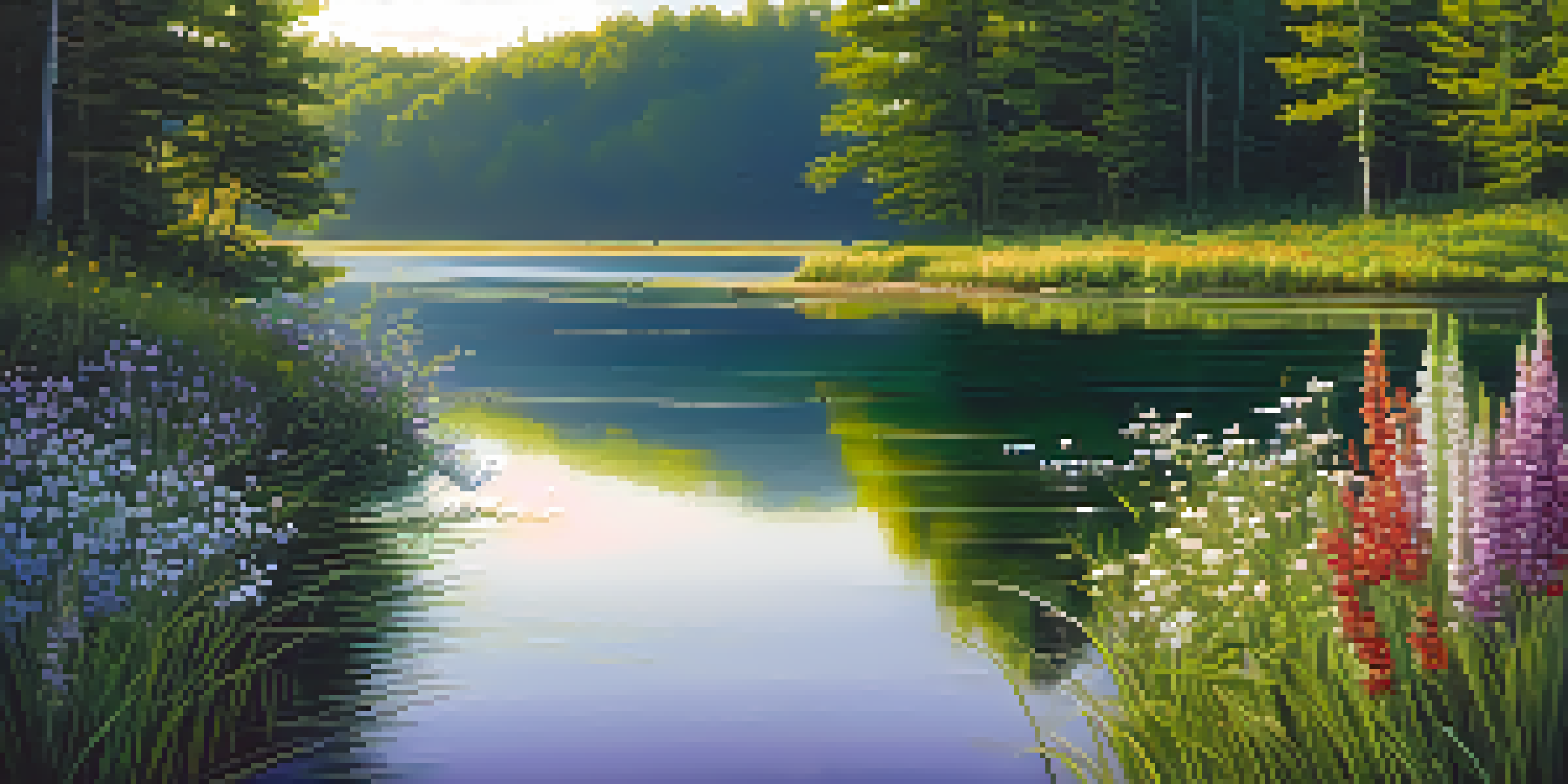 A peaceful lake surrounded by green forests and colorful wildflowers under a sunny sky.