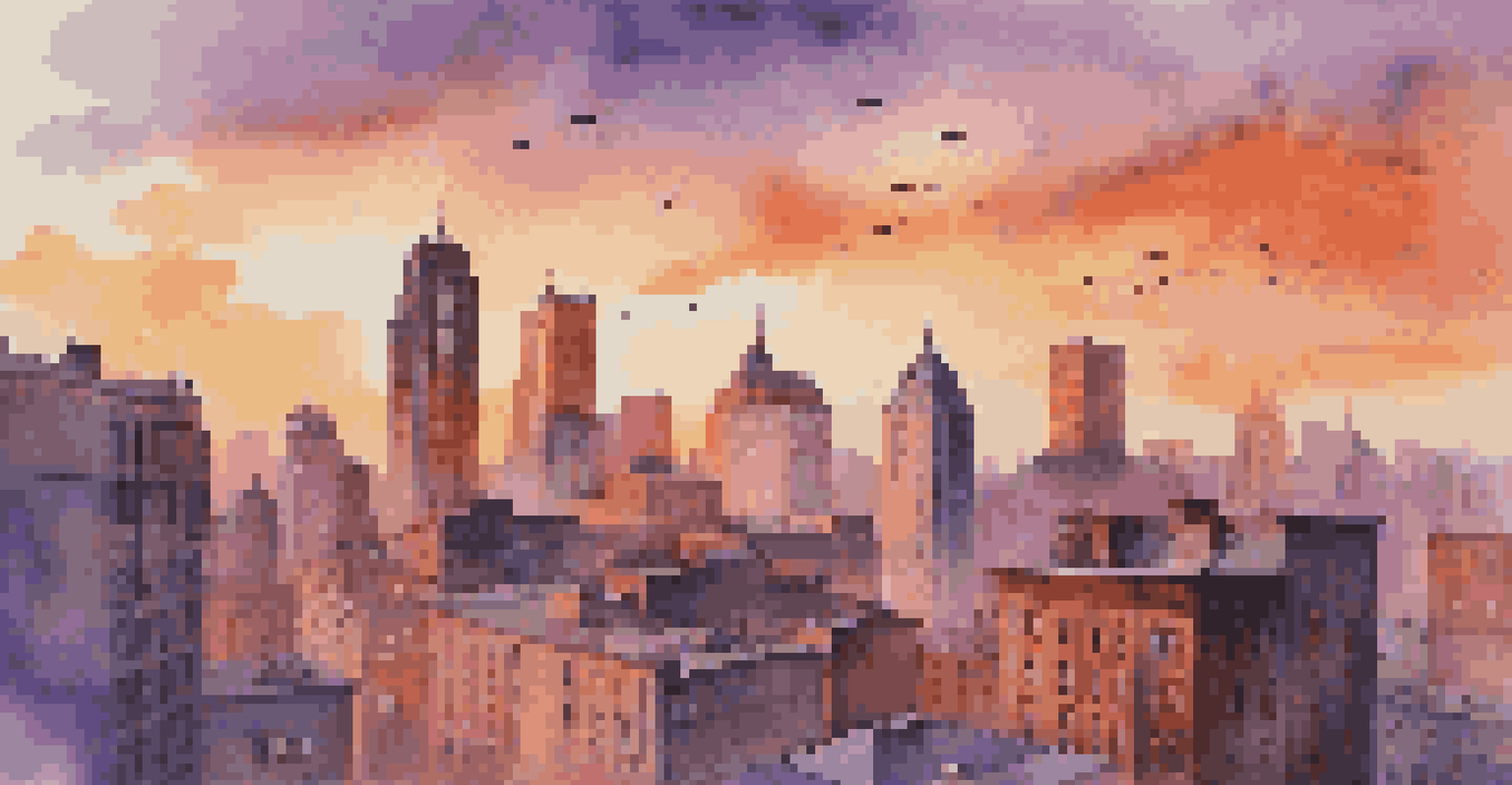 A colorful sunset over a city skyline with skyscrapers and historic architecture.