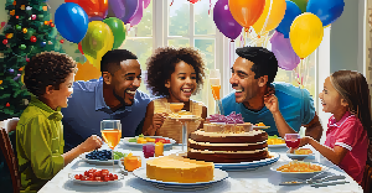 A joyful family celebration at a dinner table with a cake and balloons, marking a financial milestone together.