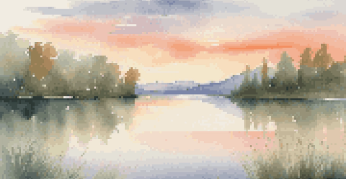 A calm lake at sunset surrounded by greenery and mountains, reflecting warm colors in the water.