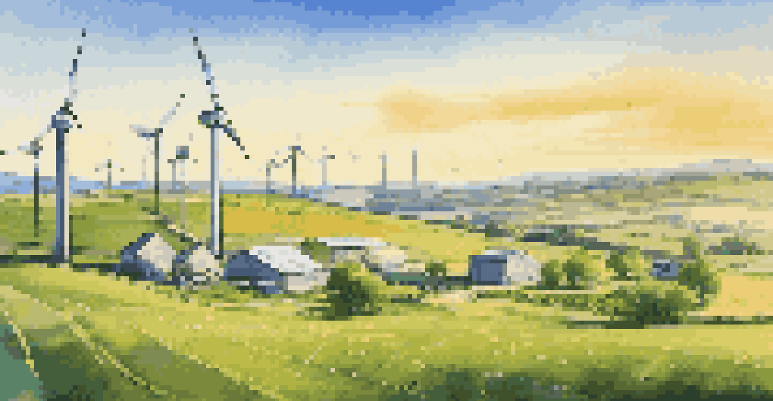 A renewable energy farm with wind turbines and solar panels in a green landscape under a clear blue sky during golden hour.