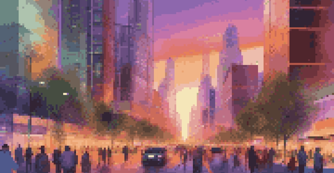 A vibrant smart city at sunset with futuristic buildings, autonomous vehicles, and people using augmented reality glasses.