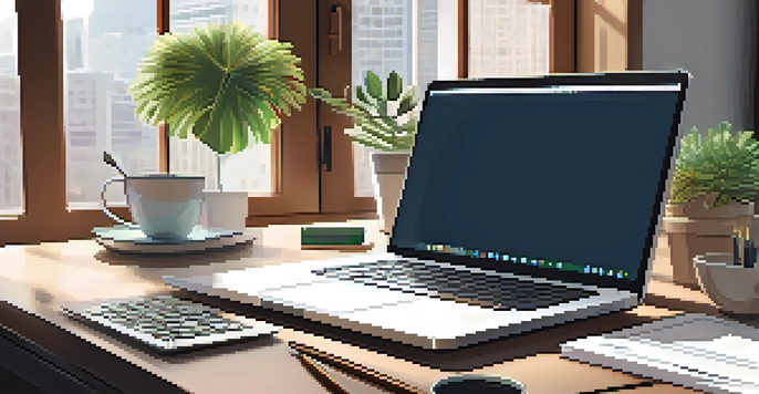 A financial planner's desk with a laptop, stationery, a potted plant, and a coffee mug, illuminated by soft natural light.