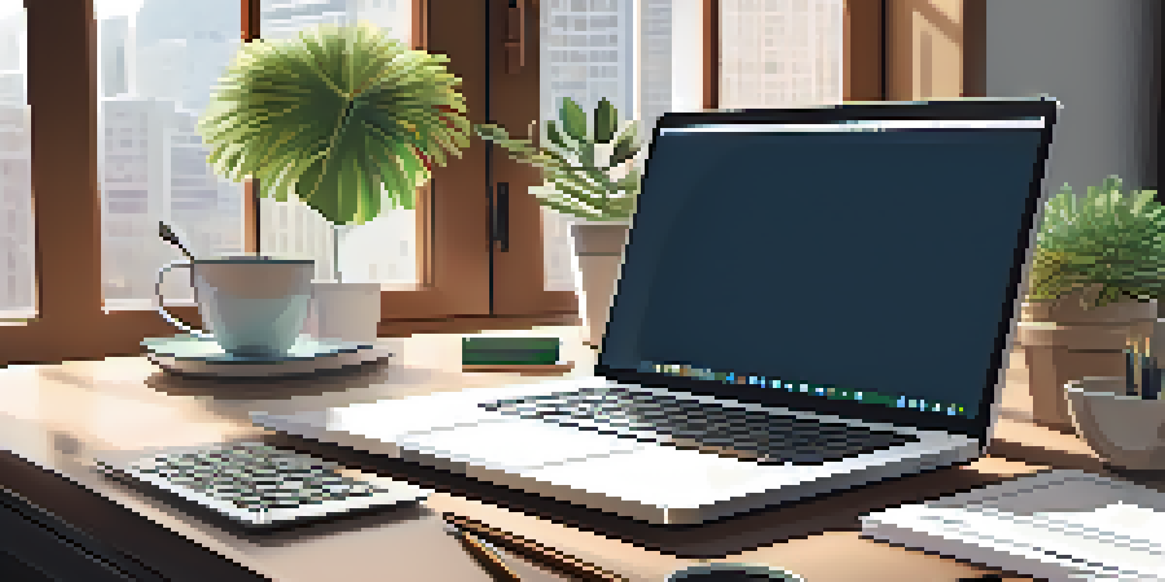 A financial planner's desk with a laptop, stationery, a potted plant, and a coffee mug, illuminated by soft natural light.