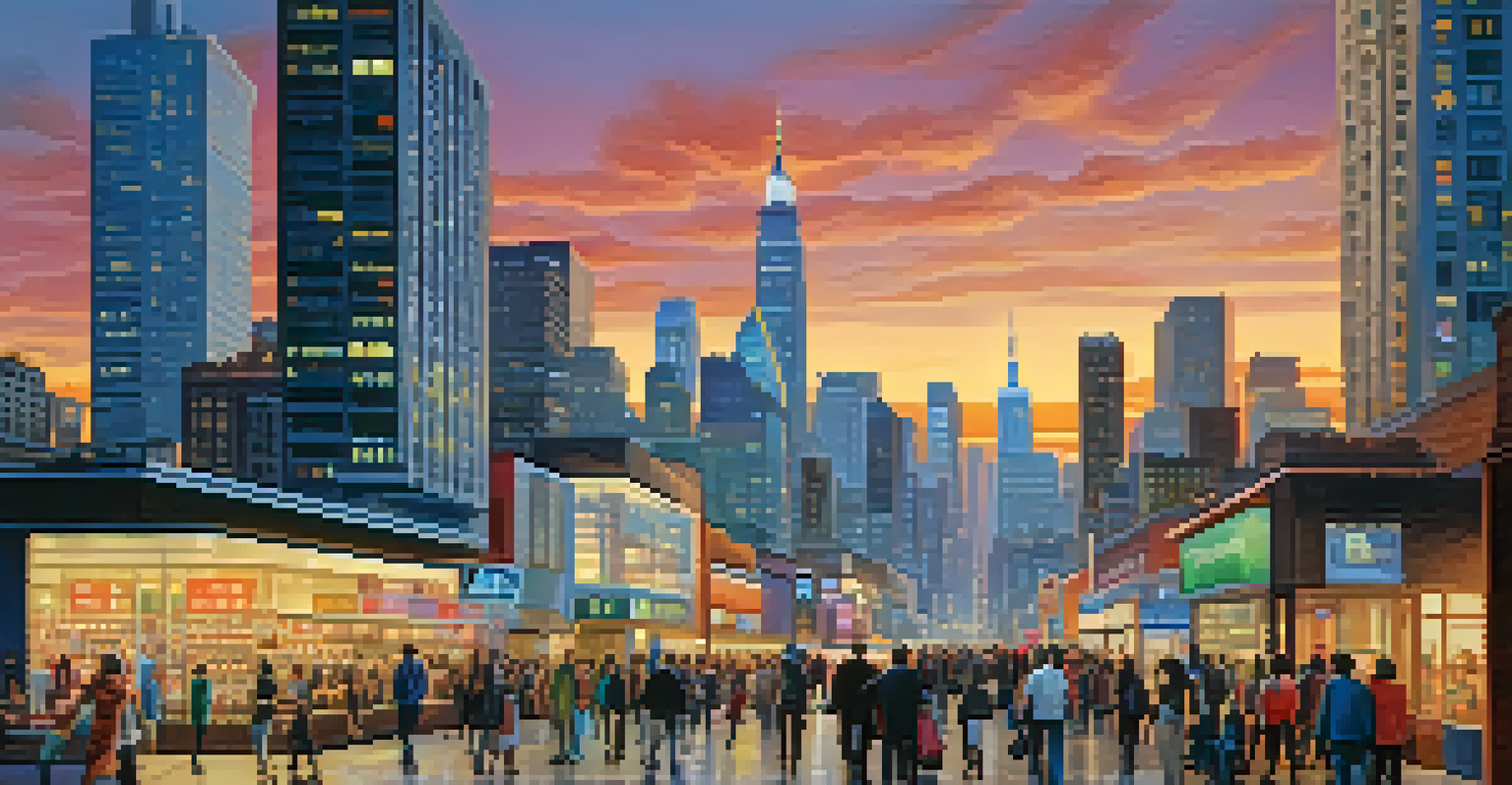 A lively city skyline at dusk with illuminated skyscrapers and people on the streets.