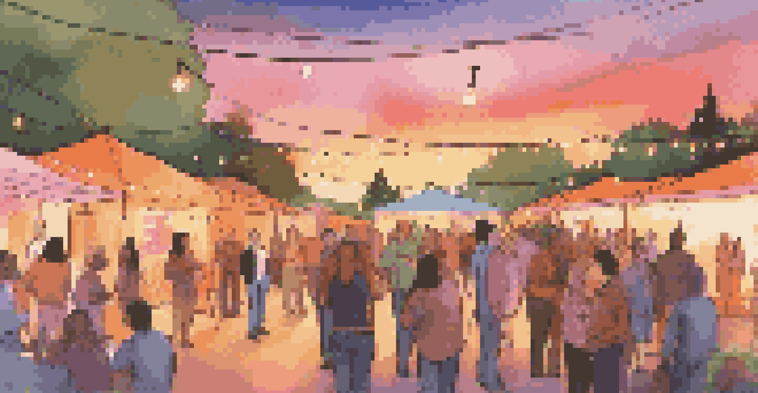 An outdoor networking event at sunset with entrepreneurs and mentors interacting under colorful banners and string lights.